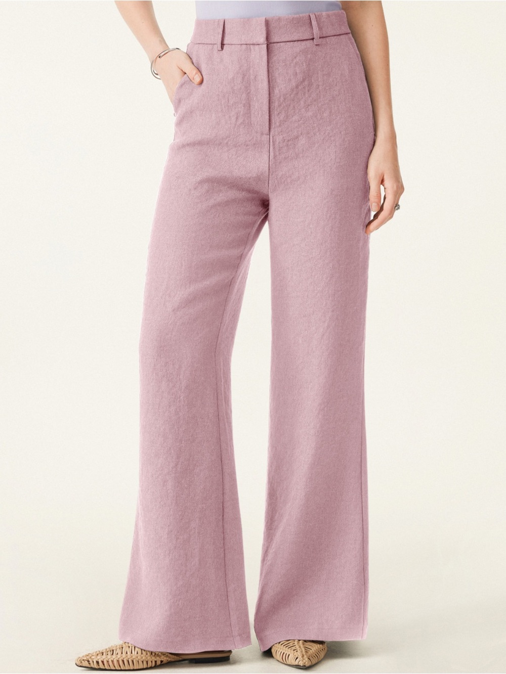 OGL Soft Pink European Linen-Like Mid Rise Flared Pant With Pockets Size Small